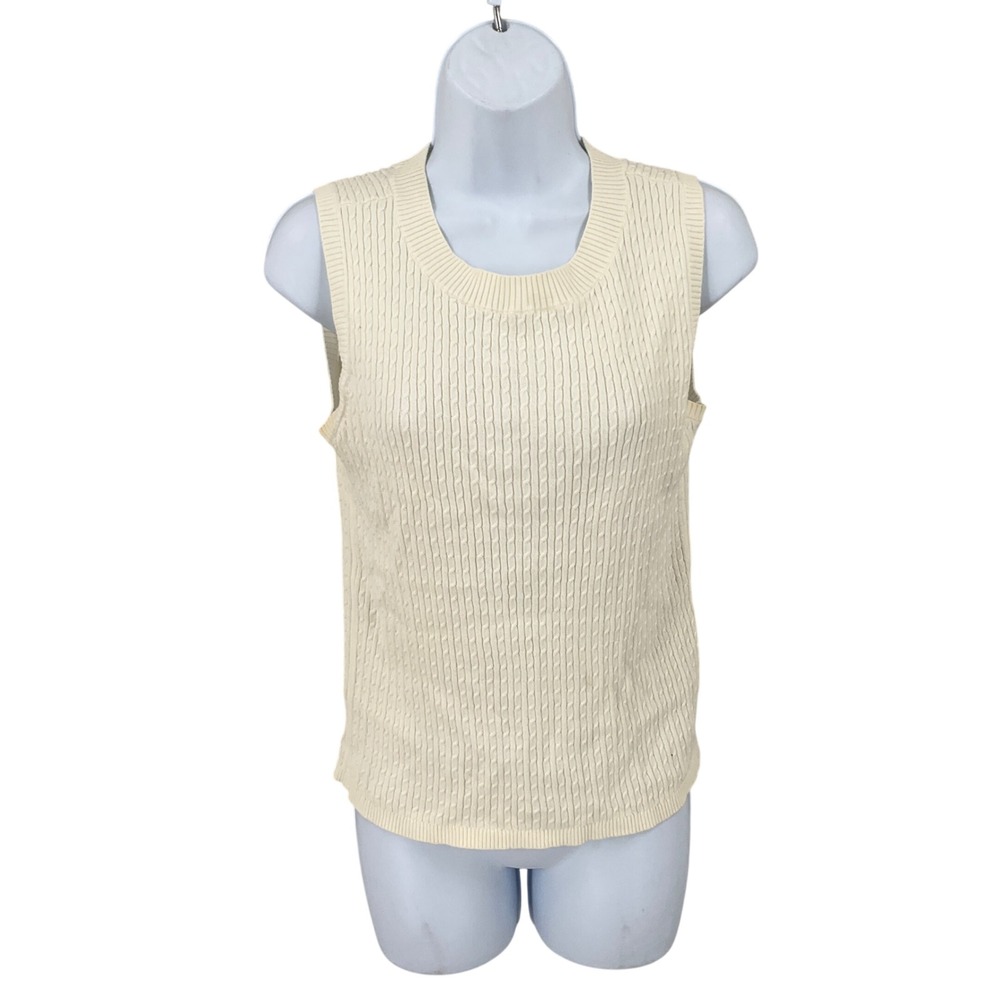 Lands' End Sweater Vest Women S Cream Cable Knit Keyhole Back Preppy Classic